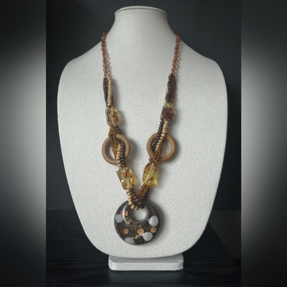 Vintage Artisan Bohemian Statement Necklace Brown Confetti Lucite Assorted Beads
